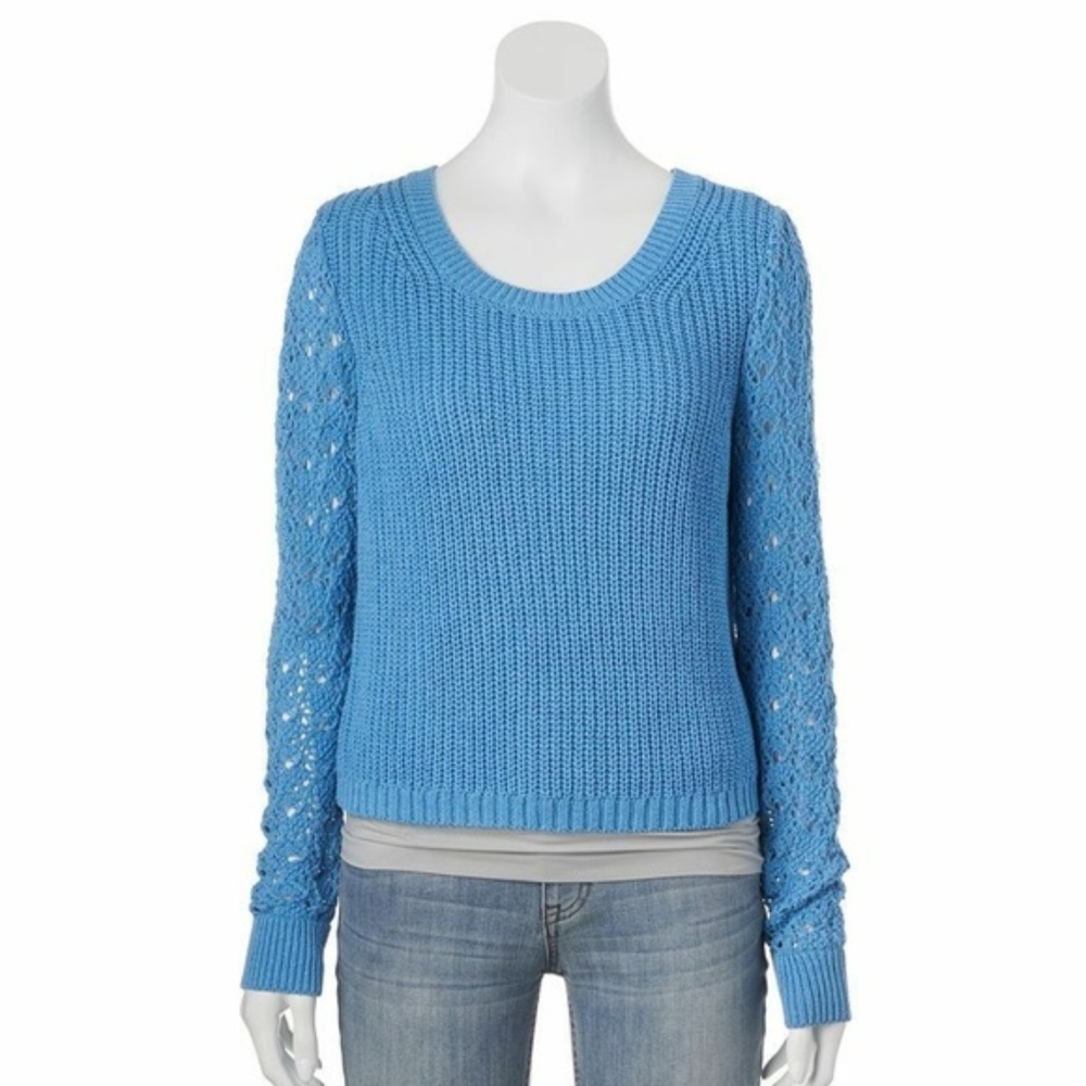 Lauren‎ Conrad Womens Cropped Crew Sweater Crocheted Sleeve Size XS Blue Boho